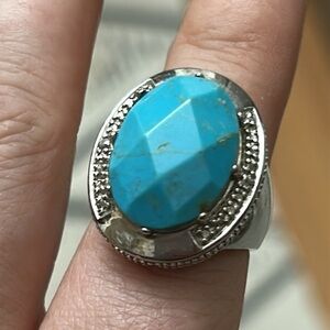 Vintage China Sterling Silver Faceted Genuine Turquoise Statement Ring